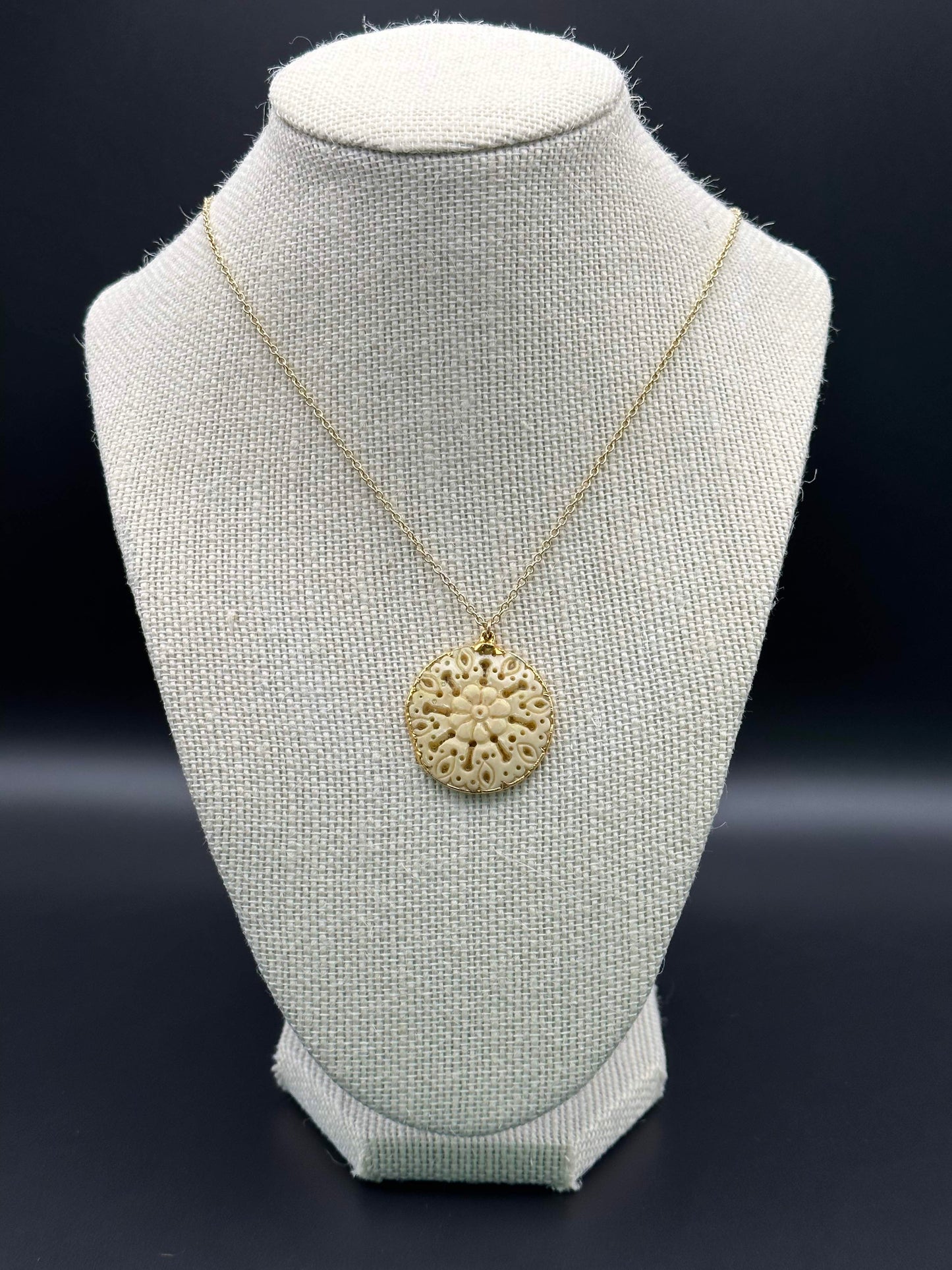 Bella Bloom Necklace - Hand Carved Bone Pendant on 24" 14K Gold Fill Chain