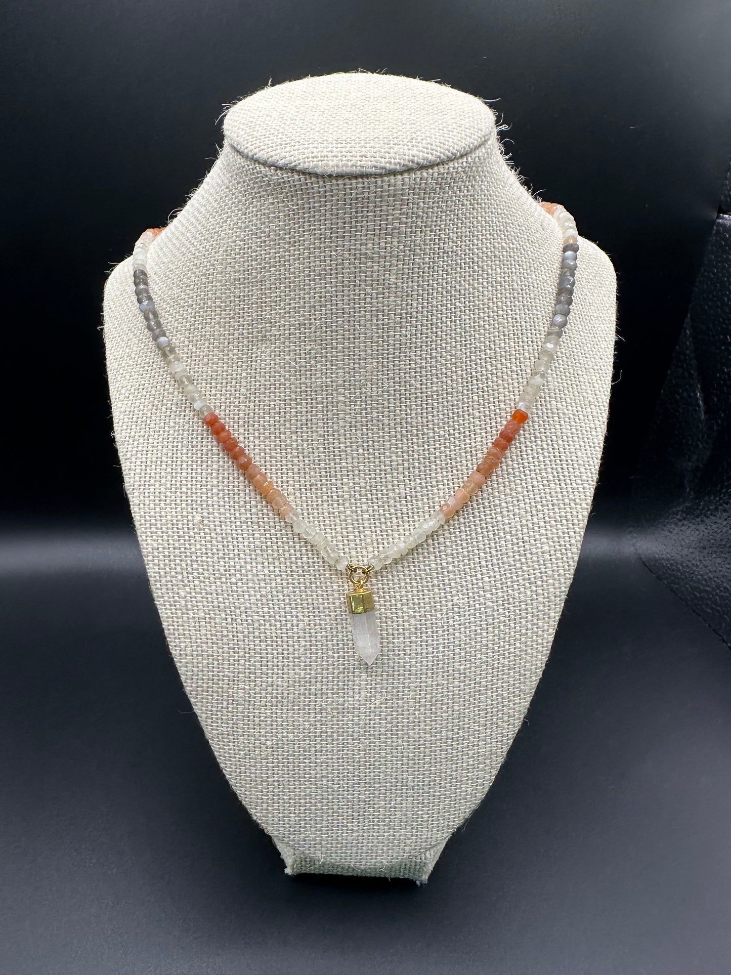 Bella Bloom Necklace - Moonstone on Silk with Rose Quarzt Pendant 28"