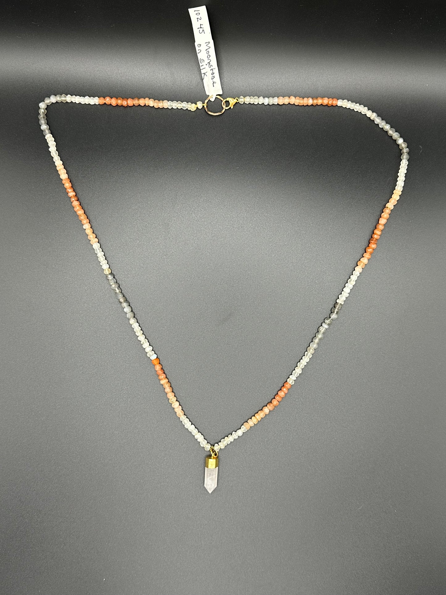 Bella Bloom Necklace - Moonstone on Silk with Rose Quarzt Pendant 28"